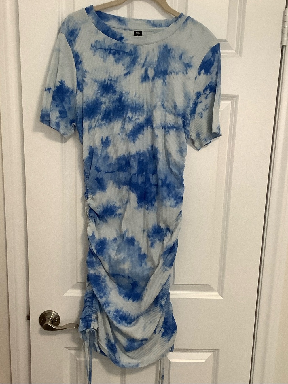 SHEIN Blue Tie-Dye Ribbed Midi Dress with Side Drawstring